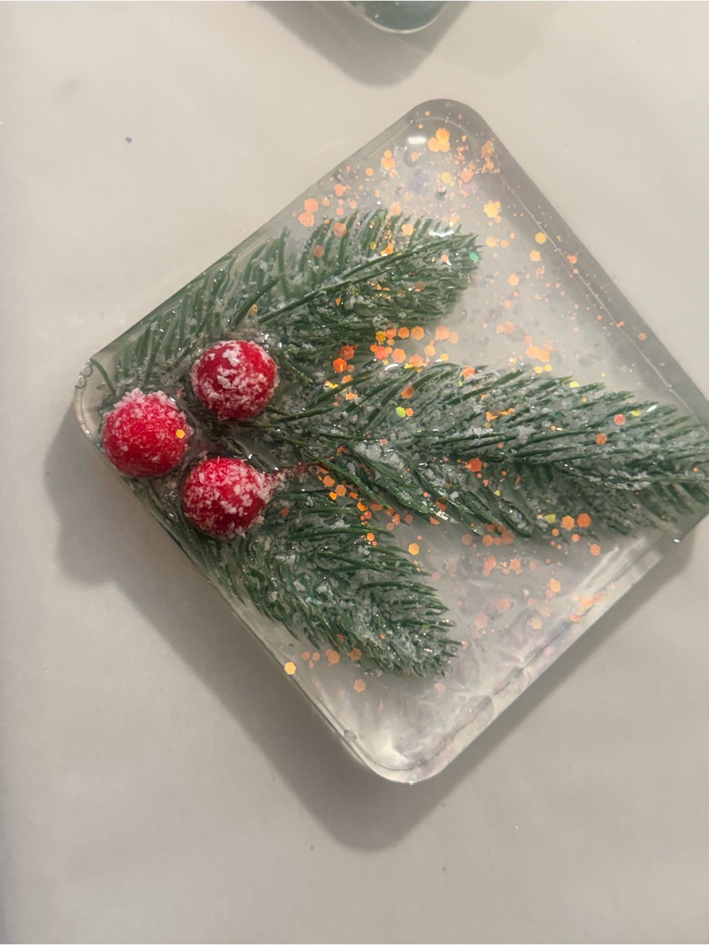 Holiday Pine & Berry Decorative ornaments- Clear with Green and Red